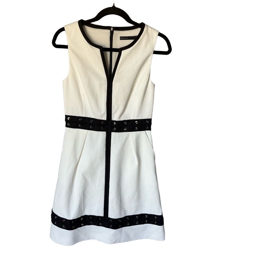 Karen Millen Sleeveless Dress Size 6 Ivory Black Grommet Detail Edgy Modern